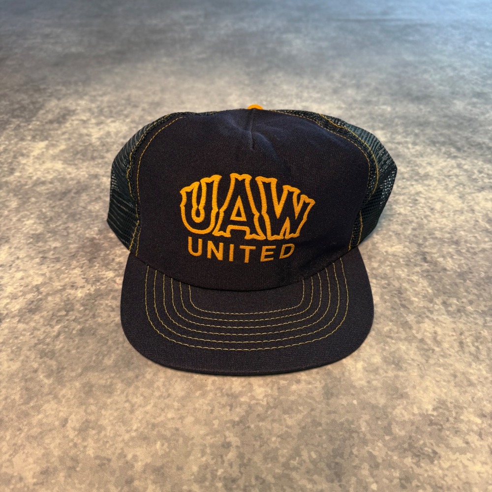 VTG UAW United Auto Worker Union Trucker Hat Snapback Navy Blue Yellow Deadstock